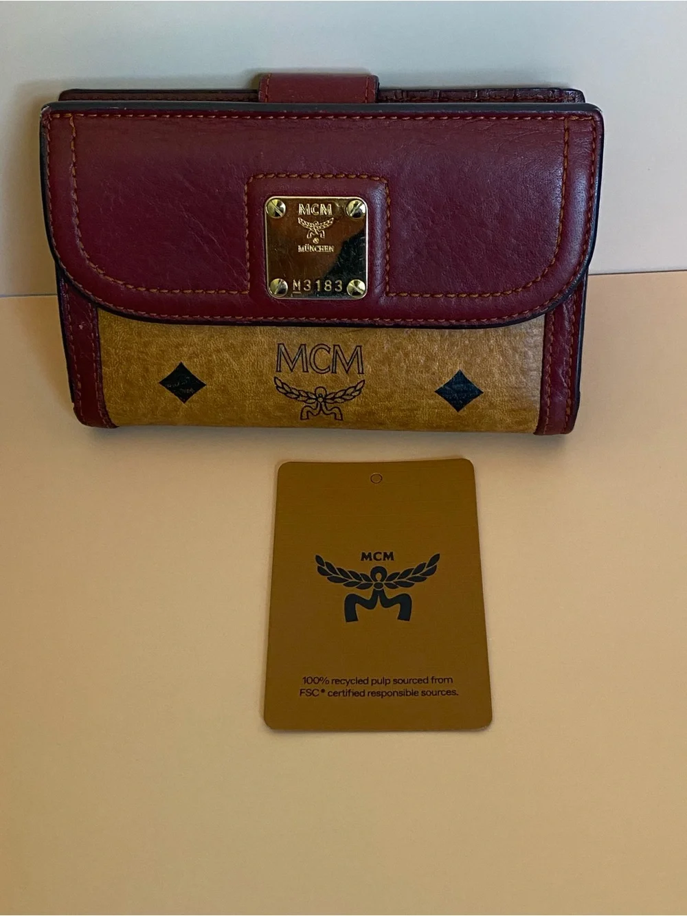 MCM Two-Tone Trifold Leather Continental Wallet in Burgundy and Cognac Brown